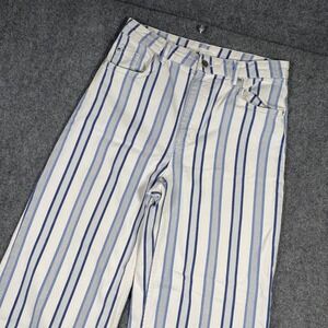 H&M Pants Womens Size 12 Blue White‎ Striped High Rise Wide Leg Frayed Hem Denim